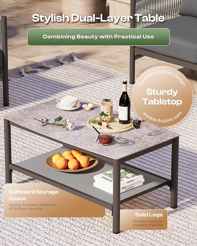 Aluminum Outdoor Patio Furniture Set, HDPE Rope 4 Piece Modern Sectional Conversation Sets with Dual-Layer Coffee Table, All Weather Patio Couch Sofa with Thick Cushions, Gray Frame, Charcoal