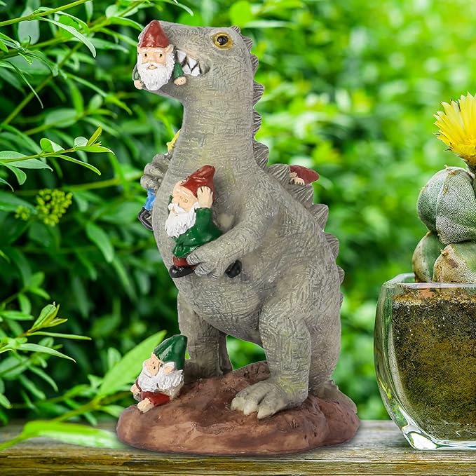 M.A.K Dinosaur Eating Gnomes Garden Decor, Art for Garden Decor, Outdoor Statue for Patio, Lawn, Yard Art Decoration, Housewarming Garden Gift