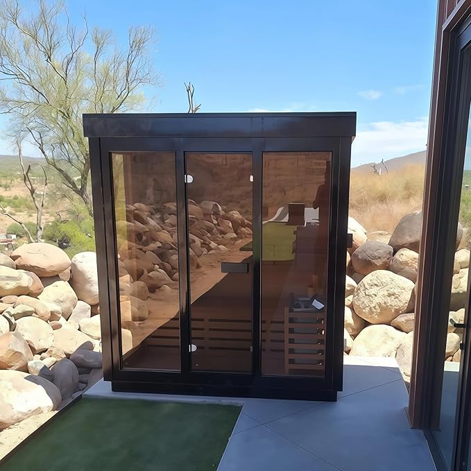 Customize Wood Burning Sauna 3-8 Person, Outdoor Red Cedar Steam Saunas, ETL Harvia Heater, Glass Wall Saunas, 220V, Rectangle Sauna Room with Backrest Headrest, Waterproofing System(0-195℉)