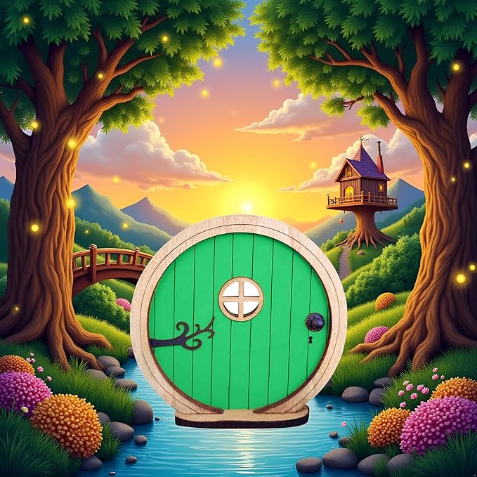 1Pc Fairy Garden Door for Tree, Fairys Doors for Trees Outdoor and Tree Trunk, Mini Fairy Garden Sculpture Lawn Ornament Decor, Fairys Tales Door Decoration，Gardens Miniatures (Green)