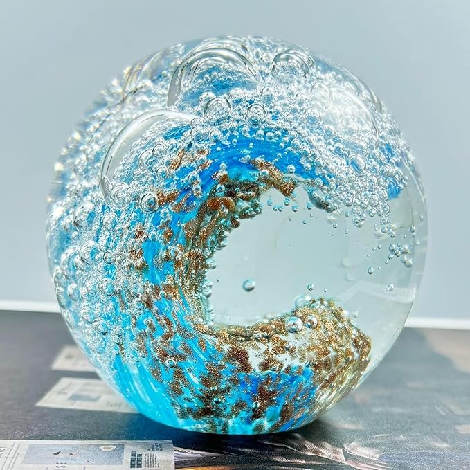 Decorative Crystal Ball Figurines Ocean Waves Paperweight Blown Glass Decor Sea Art Ocean Lovers Gift Blue Amber 3.15"