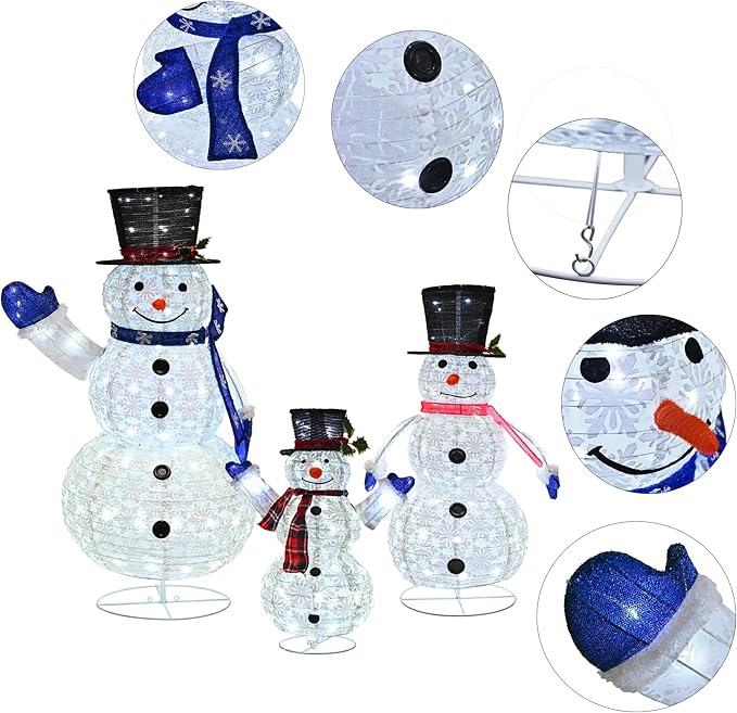 3 Piece Pre-lit Christmas Snowman Family, 270 LED 3D 2ft+3ft+5ft Lighted Snowman for Outdoor Indoor Xmas Decorations