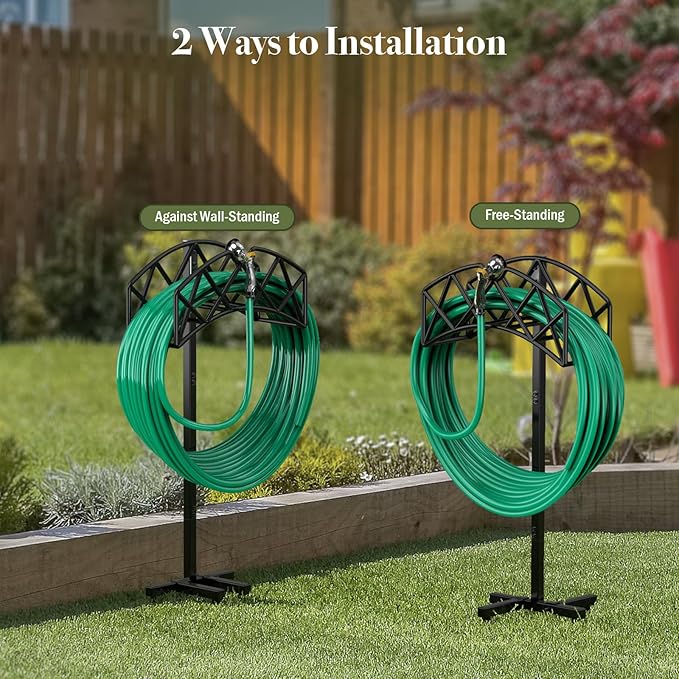 Garden Hose Holder Detachable Heavy Duty Metal Water Hose Hanger, Freestanding Hose Storage Stand Rack for Outside (Black)