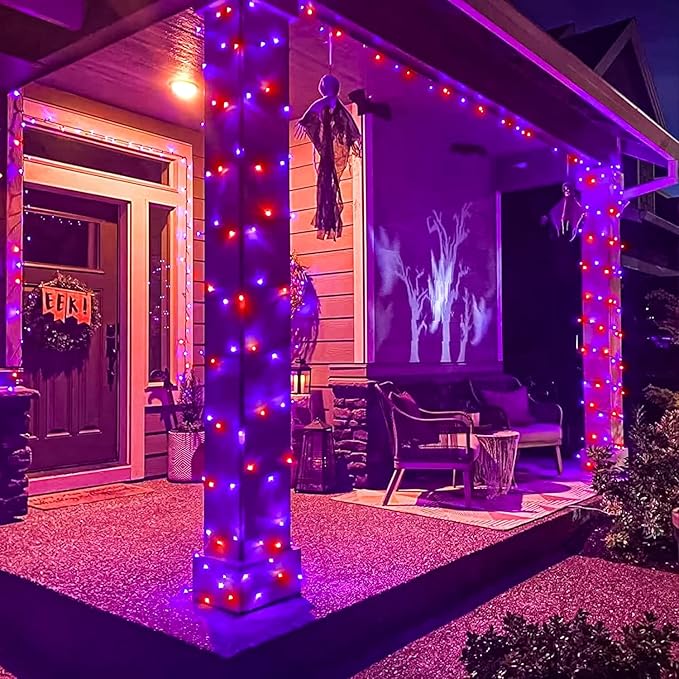 200 LED Halloween Lights Outdoor, 66ft Halloween String Lights Indoor Clear Wire 8 Modes Waterproof Plug in Twinkle Fairy Light for Tree Party Garden Decorations, Purple&Orange