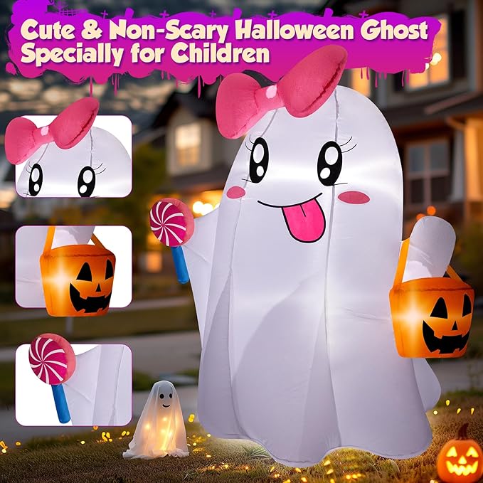 5FT Halloween Inflatables Ghost, Cute Halloween Decorations Outdoor Blow Up Yard Decorations with Built-in Bright LED Lights Pumpkin Lollipop Bow Blow-ups for Indoor Outdoor Holiday Party