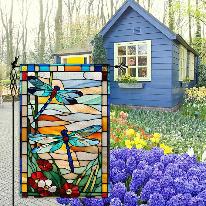 Spring Summer Dragonfly Garden Flag Glass Style Flowers Garden Flag Vertical Double Sided Rustic Farmland Burlap Yard Lawn Outdoor Decor 12.5x18"