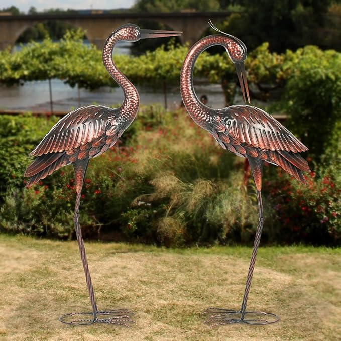 Kircust Crane Garden Sculptures & Statues Heron Decoy Large Size Metal Birds Yard Art Standing Vintage Brass Heron Lawn Ornament Outdoor Decorations 37 Inches Set of 2