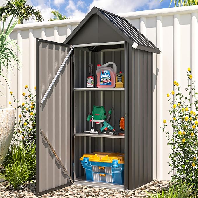 AECOJOY Outdoor Storage Cabinet Waterproof, Vertical Tall Outdoor Storage Cabinet with Shelves, All Weather Metal Vertical Storage Shed & Outdoor Cabient for Garden in Dark Grey