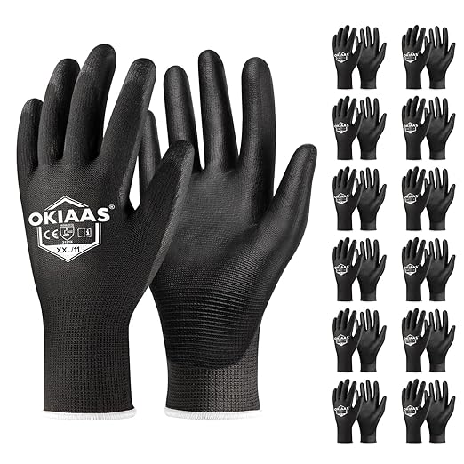 OKIAAS Work Gloves for Men，Ultra Thin and Lightweight Working Gloves with Grip, 12 Pairs Bulk Pack Construction Gloves with Polyurethane Coating for Light Duty Work (Black, XX-Large)