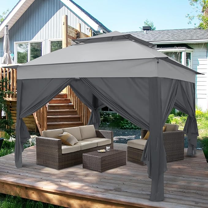 COOS BAY 11x11 Pop-up Instant Gazebo Tent with 4 Sidewalls Outdoor Canopy Shelter with Carry Bag, Stakes and Ropes, Gray