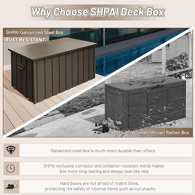 Metal Outdoor Storage Box,160 Gallon Waterproof Large Deck Box, Lockable Heavy Duty Home and Outside Storage Cabinet/Bin Container for Patio/Poolside/Backyard Cushions, Pillow -Brown