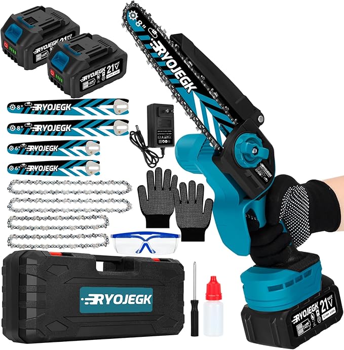 8-Inch & 6-Inch Brushless Mini Chainsaw Cordless with 2×4.0Ah Battery, 4 Guide Bars & Tool-Free Installation, Portable Handheld Chain Saw for Tree Trimming, Branch Cutting and Wood Pruning
