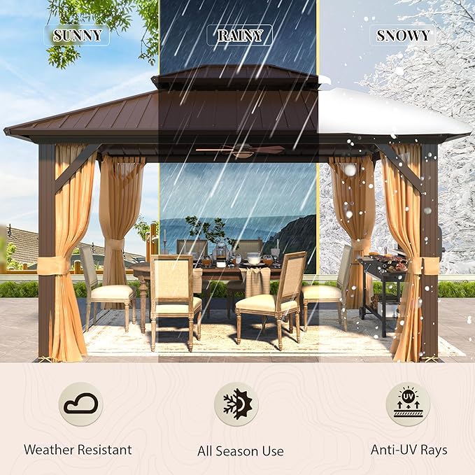YOLENY 10' x 12' Gazebo Hardtop with Aluminum Frame,Galvanized Steel Double Roof Gazebos with Curtain and Netting,Outdoor Metal Pergolas for Garden, Lawn, Deck, Brown