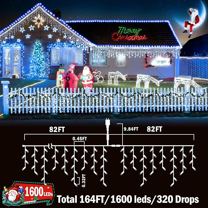 KNONEW 164FT 1600 LED Christmas Lights Outdoor Decoration White Timer 8Modes Hanging Fairy String Lights with 320 Drops, Plug in Waterproof Indoor Decor for Holiday Wedding Party Window Garden