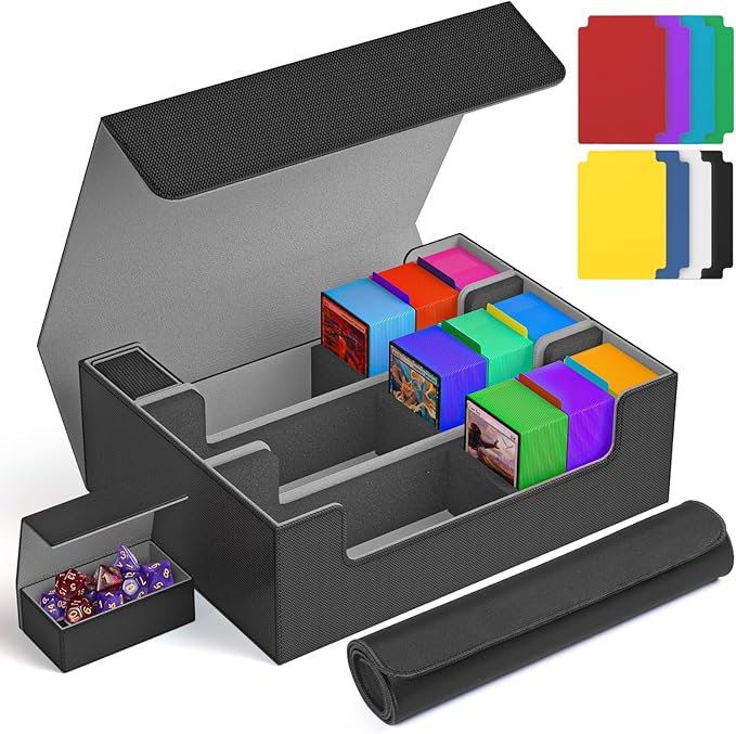 Card Storage Box 3000+ MTG Deck Box with Game Mat and 8 Divider Tabs, 3 Row Commander Trading Card Cases with Dice Tray, Commander Deck Case for TCG, CCG, YuGiOh and Sport Card (Black & Grey)
