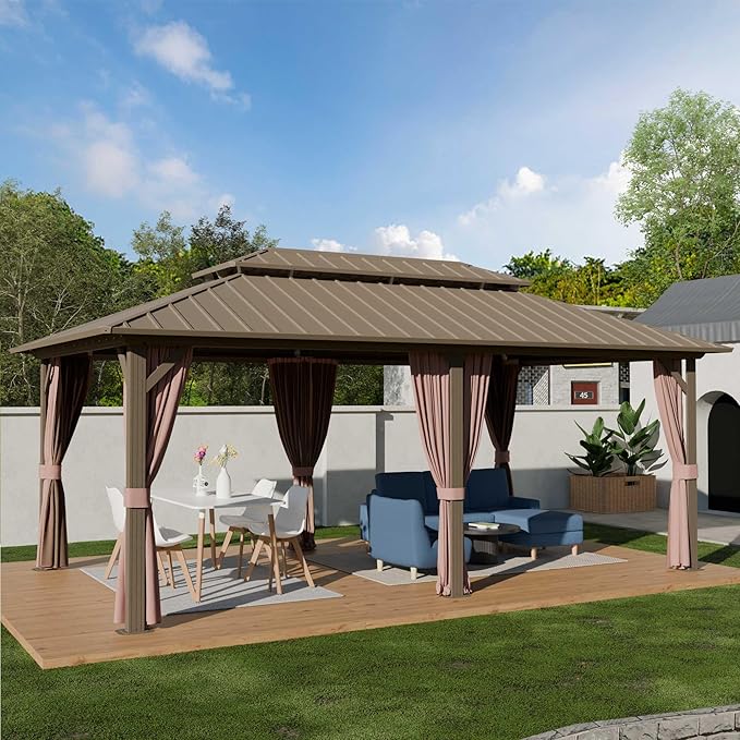 12'x20' Hardtop Gazebo, Outdoor Aluminum Frame Galvanized Steel Double Roof Pavilion with Netting and Shaded Curtains, Permanent Metal Pergolas for Patio, Backyard, Deck and Lawns.