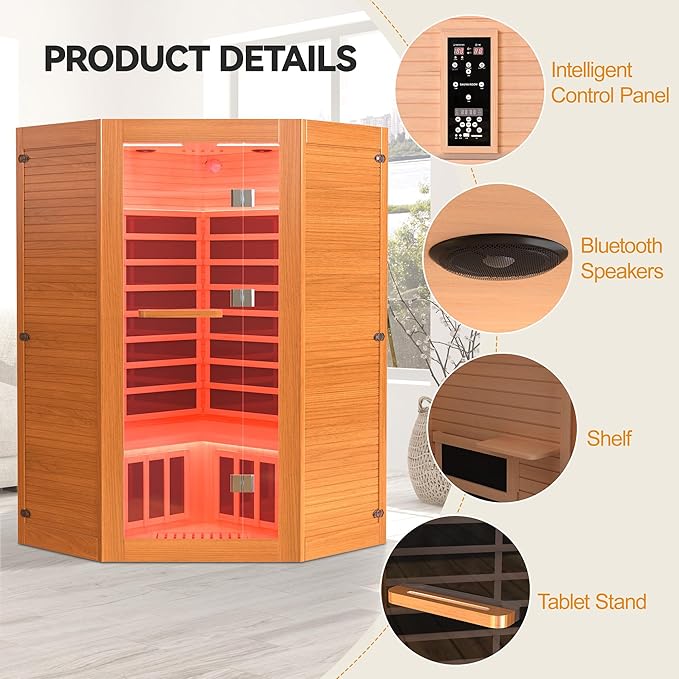 HUGROVE 2-3 Person Low EMF FAR Infrared Sauna for Home, Indoor Canadian Hemlock Dry Heat Sauna Kit with Bluetooth Speakers, LED Lights & Smart Control Panel