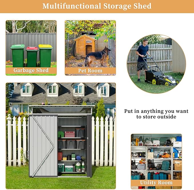 Vongrasig 5 x 3 FT Outdoor Storage Shed, Metal Shed Small Garden Tool Storage Shed with Large Window and Lockable Door for Outside Backyard Patio Lawn (Dark Grey)
