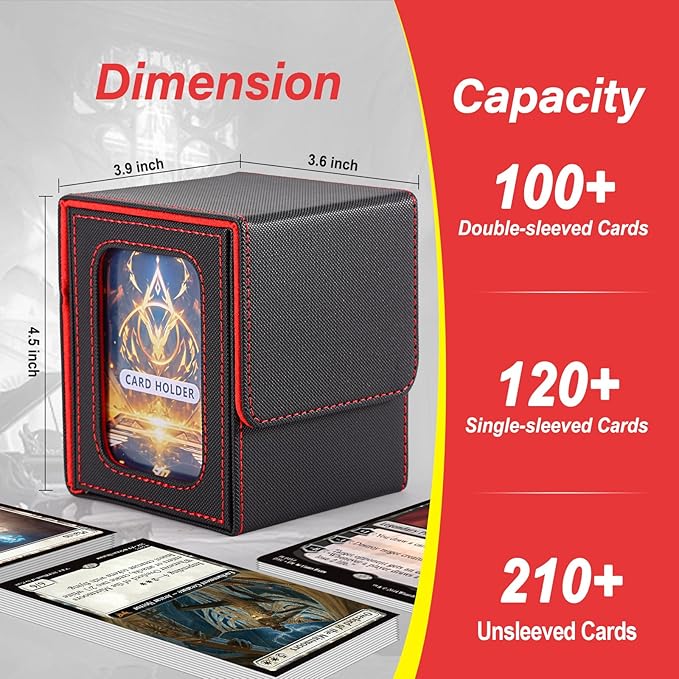 MTG Deck Box, Double Display Window MTG, Commander Deck Box Fits 120+ Single Sleeved Cards, PU Leather Magnetic Closure Card Box with 2 Dividers&2 Toploaders for TCG, CCG, Black/Red