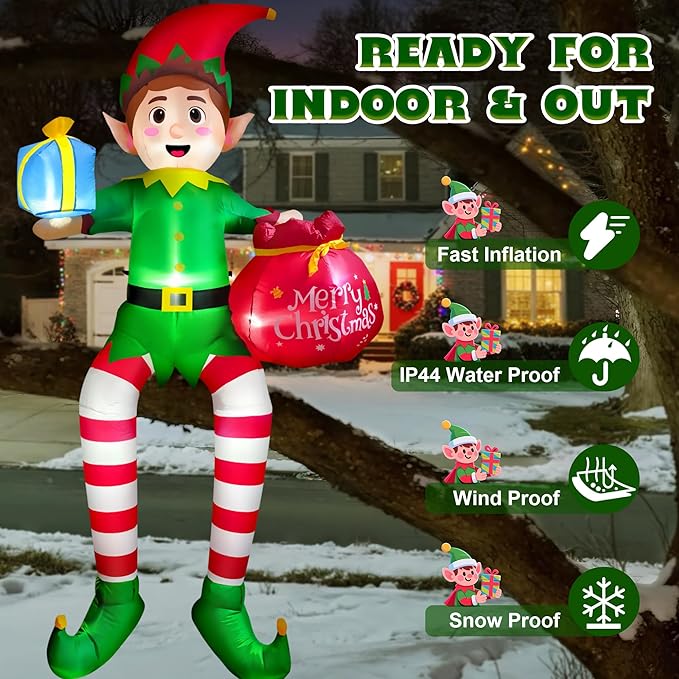 10FT Christmas Inflatable Outdoor Decoration, Sitting Elf Inflatable Christmas Blow up Yard Decorations with LED Lights, Elf Outdoor Decoration for Garden Lawn Roof