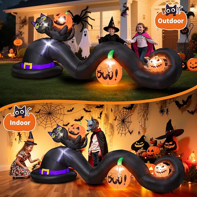 9FT Halloween Inflatable Witch Hat with Black Cat & Pumpkins, Large Blow Up Yard Decoration with 5 Built-in Lights, Cute Halloween Outdoor Inflatables for Party Garden Patio Lawn Decor