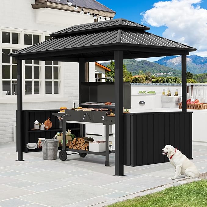 Domi 6'×10' Hardtop Grill Gazebo, Outdoor Metal BBQ Gazebo with Galvanized Steel Double Roof, 2 Double-Layer Storage Cabinets and Ceiling Hooks, Permanent Grill Canopy for Patio Backyard Garden,Grey