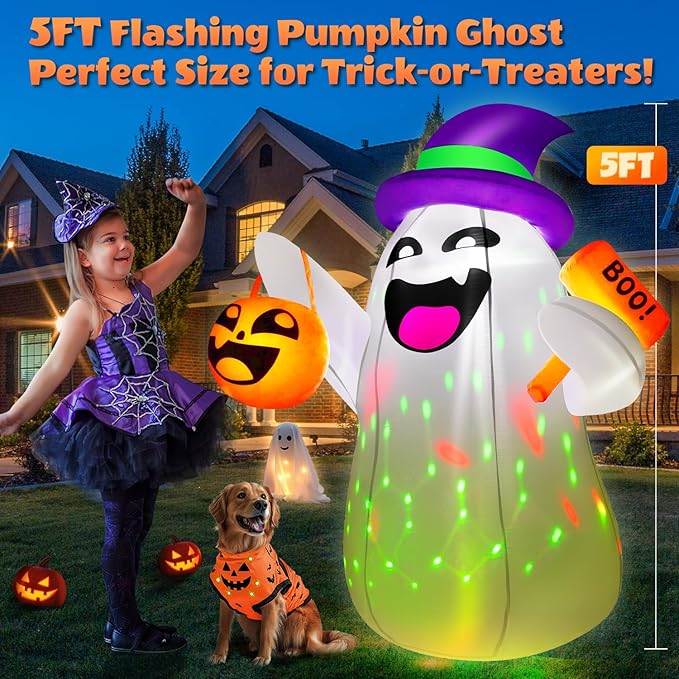 5FT Halloween Inflatables Ghost Built-in Colorful Flashing LED Lights, Cute Halloween Decorations Outdoor with Pumpkin Boo, Blow Up Yard Decorations for Indoor Yard Party (1PCS)