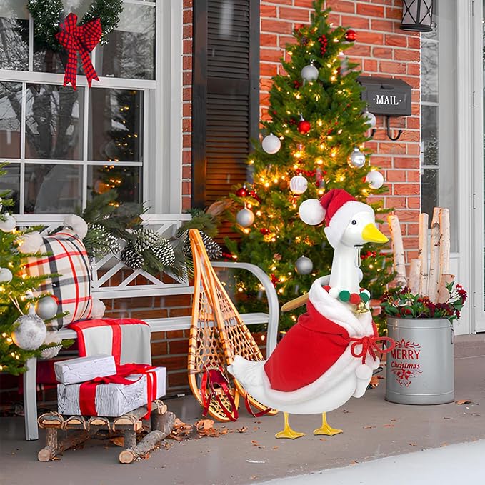 Christmas Porch Goose Outfits Mrs. Claus Goose Clothes Fits 23" Plastic Cement Statues, Red Cloak Goose Outfit Costume with Bell Necklace and Hat for Outdoor Garden Patio Yard Lawn Party Decoration