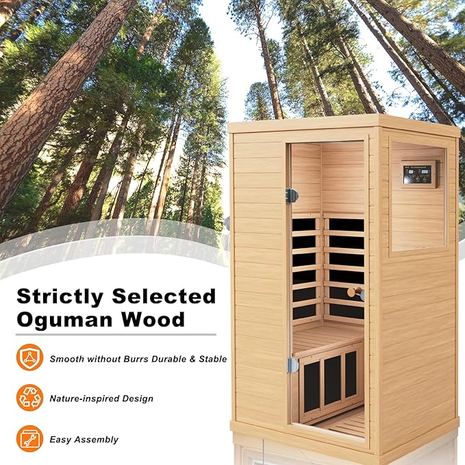 1 Person Infrared Sauna for Home, 1050W Low EMF Indoor Sauna Spa, Canadian Hemlock Home Sauna with Control Panel and Rapid Heating, Bluetooth Speaker, Right Side