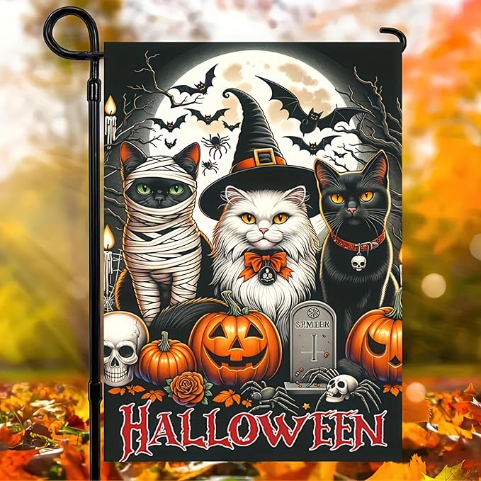 Halloween Garden Flag Double Sided 12x18 - Black Cat Spooky Themed Wall Art With Witch, Mummy, and Cats - Halloween Party Home Decoration and Seasonal Gifts - Lawn Yard Outdoor