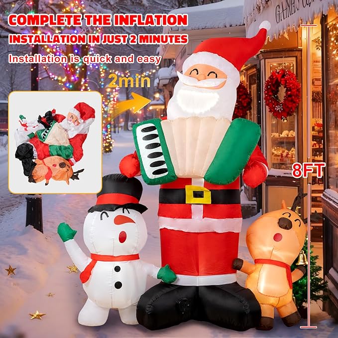 8ft Christmas Inflatable Outdoor Decorations, Blow up Yard Decor with Santa Claus Plays The Accordion and Sings with The Snowman and The Elk, Bright LED Lights Christmas Outdoor Decorations