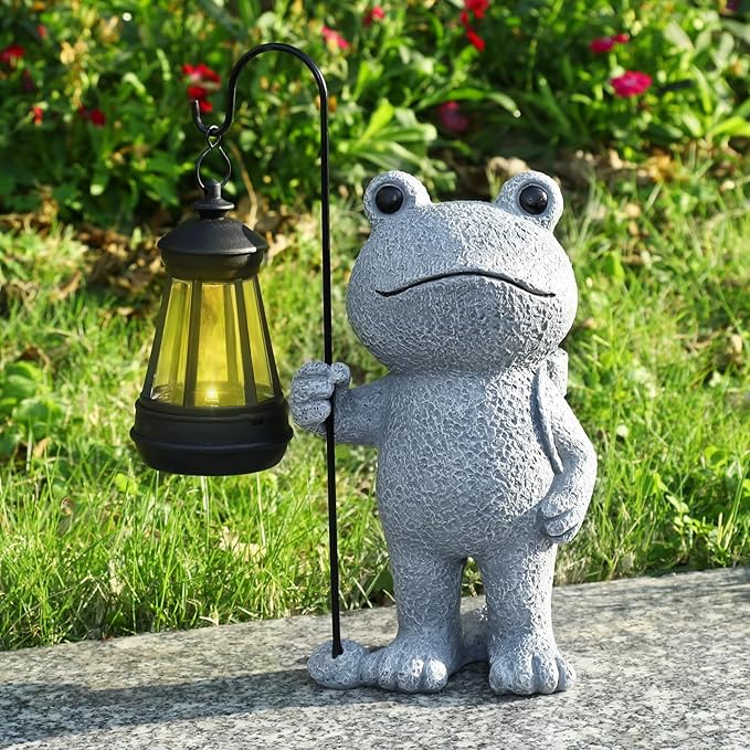 Garden Statue Frog Outdoor Decor, Solar Patio Garden Sculptures & Statues, Resin Decor Gift for Women, Mom, Grandma, Stone