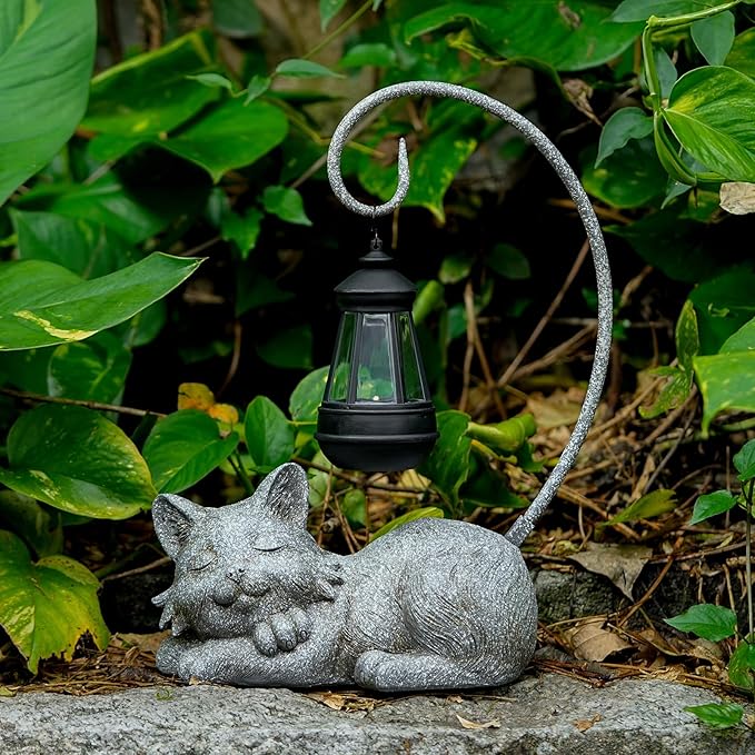 Outdoor Cat Figurine Garden Statue with Solar-Powered LED Light 13.77 Inches Tall Gift Garden Statue Decor for Cat Lovers Marbled