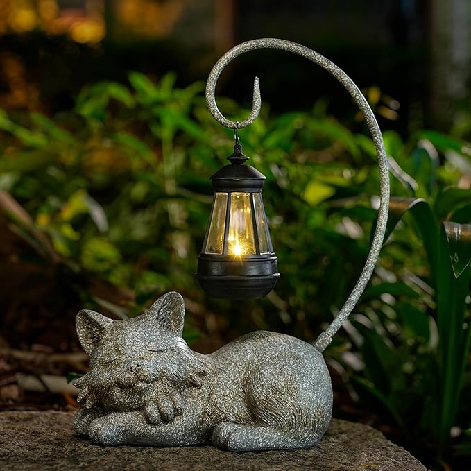 Outdoor Cat Figurine Garden Statue with Solar-Powered LED Light 13.77 Inches Tall Gift Garden Statue Decor for Cat Lovers Marbled