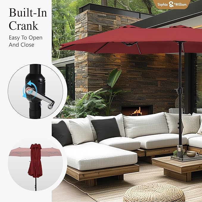 Sophia & William 15 ft Extra Large Patio Umbrella with Base Included, Rectangular Outdoor Umbrella Heavy Duty, Market Umbrella Double-sided Fade Resistant for Pool Garden Backyard, Burgundy