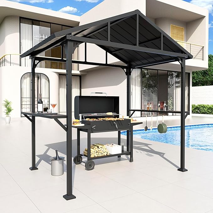 Gotland 8' x 5' Grill Gazebo, Outdoor Metal BBQ Gazebo with Triangular Structure Roof & Drainage Holes, Grill Canopy with 2 Side Shelves, for Deck Lawn Backyard