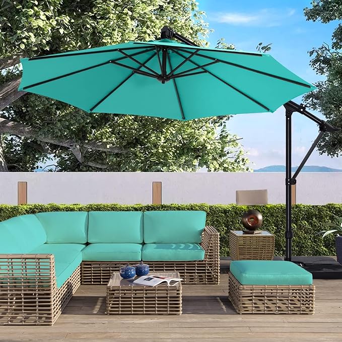 ABCCANOPY 10FT Cantilever Umbrella Offset Hanging Patio Umbrella with Base Stand Rotate and Tilt(Turquoise)