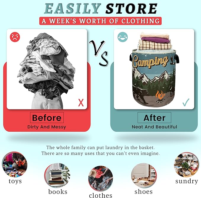 Retro Camping Mountain Bear Laundry Basket Foldable With Handles Tote Bag Oxford Cloth Funny Laundry Hamper Clothes Storage Bucket Toy Organizer For Bathroom/Laundry/Bedroom 18.9" x 16.5 "