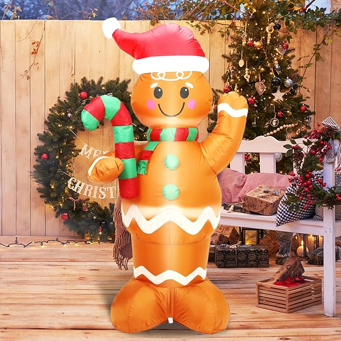 5FT H Lovely Christmas Inflatable Gingerbread Man with Candy Cane, Blow up Gingerbread Man,Christmas Inflatables Gingerbread with Bulid-in LEDs for Indoor Outdoor Decoration