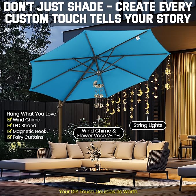 Hotime 10ft Patio Umbrella Outdoor Patio Windproof and Height adjustable, Heavy Duty Aluminum Round Offset Patio Umbrella Cantilever Pool Umbrella with 360°Rotation for Garden Deck Pool, Light Blue
