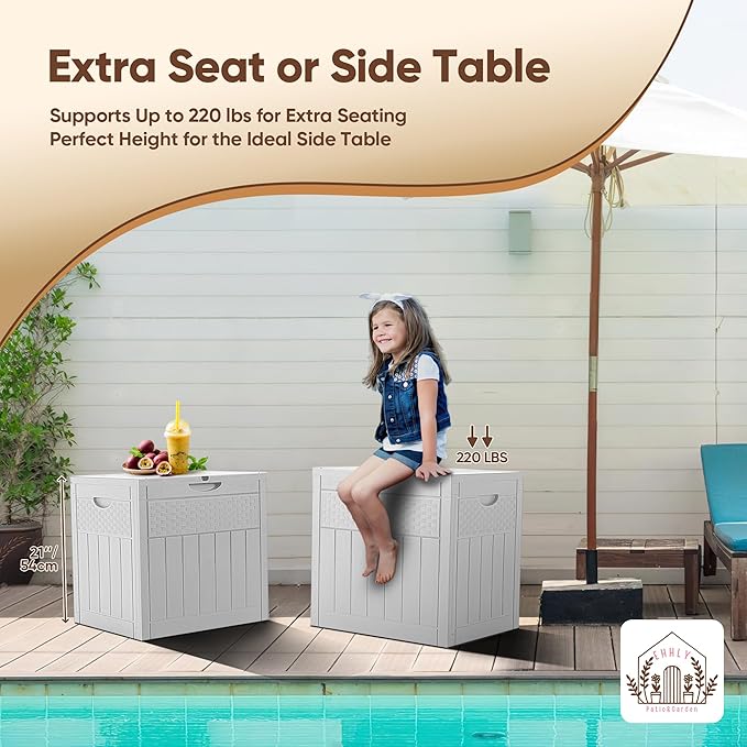 Deck Box, 51 Gallon Front Porch Package Bin Delivery Box for Outside, Small Patio Outdoor Storage Boxes Waterproof, UV Resistant Plastic Resin Pool Storage Bins with lids, White
