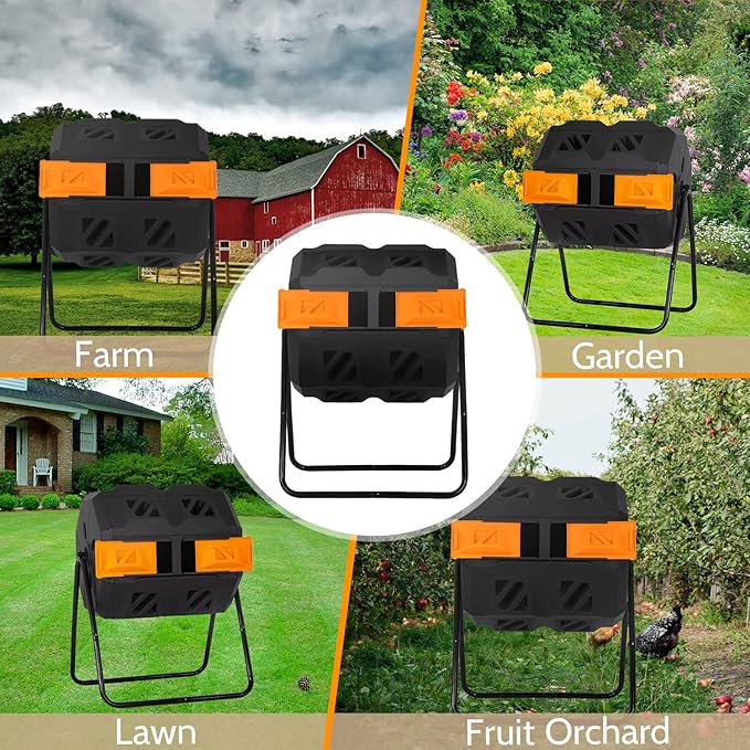 Composting Bins 43 Gallon Outdoor Tumbling Compost Bin Compost Tumbler Bucket Trash Can w/Dual Chamber Sliding Doors for Garden Patio,Orange Door