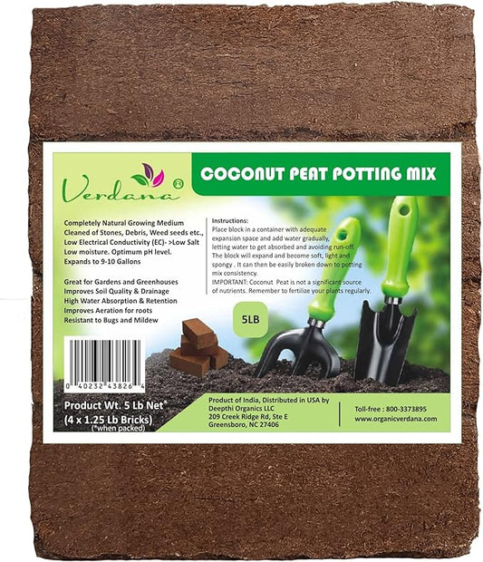 Verdana Coco Coir Brick Potting Mix – 5 Lb Pack - 4X 1.25 Lb Compressed Bricks - Coconut Fiber, Coco Peat - Alternative to Peat Moss – Soilless Growing Medium - Low EC, Optimum pH, High Expansion