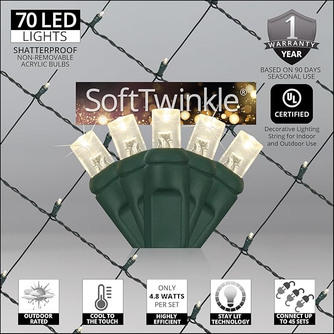 Wintergreen SoftTwinkle Pulsing Net Lights, Outdoor Twinkling Christmas Lights, Green Wire - 70 Lights, 4' x 6' Net, Warm White
