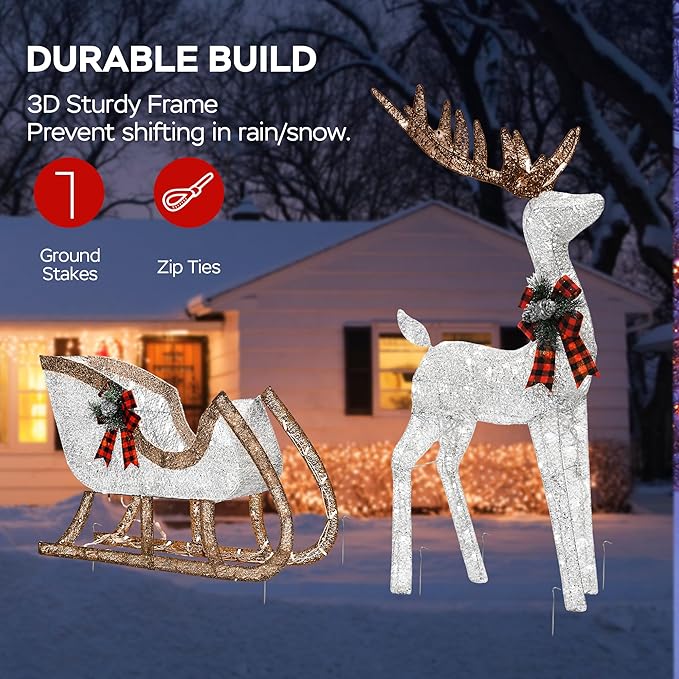 Outdoor Lighted Reindeer with Sleigh Christmas Decors, 3D Deer & Santa Sleigh Holiday Yard Decorations with 170 Warm White LEDs, Garden, Lawn Winter Displays, 2-Piece Set, Silver & Brwon