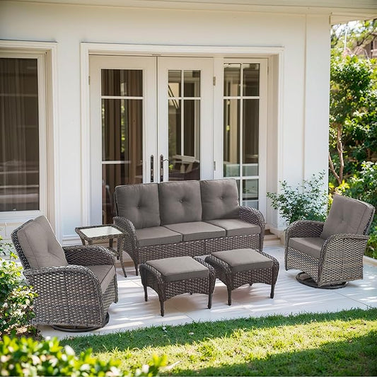 6 Piece Patio Furniture Set - Wicker Patio Conversation Set with Swivel Glider, 3-Seater Sofa, Tempered Glass Side Table and 2 Ottomans for Deck Backyard - Brown Wicker Grey Cushion