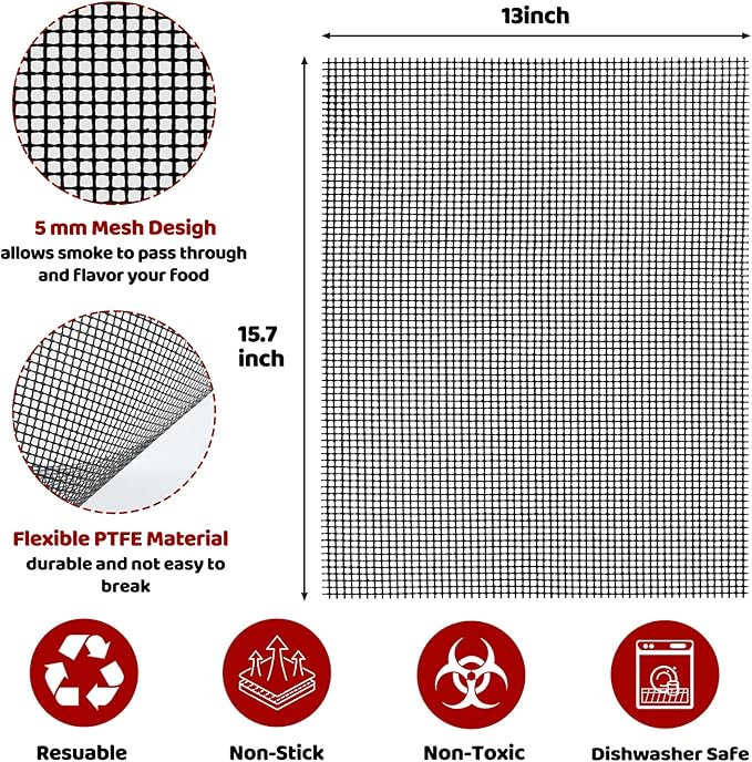 Grill Mesh Mat Set of 6, Non Stick BBQ Grill mats, Heavy Duty Grilling mats Barbecue Grill Accessories, Reusable and Easy to Clean, Works on Gas, Charcoal, Pellet Grill and More, 15.75 x 13inch, Black