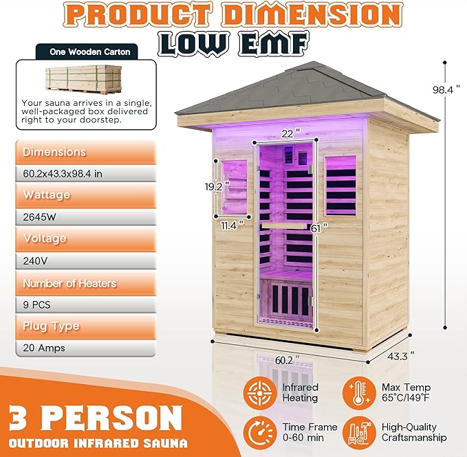Albott Outdoor Sauna 3 Person, Infrared Saunas for Home, Low EMF 2645W/240V Spruce Wood Dry Sauna with Tourmaline Stone Foot Warmer, 7-Color Light Therapy & 2 Bluetooth Speakers, 60.2"x43.3"x98.4"