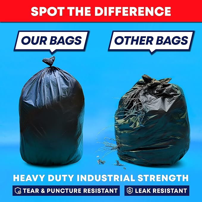 Tasker 55-60 Gallon Trash Bags Heavy Duty | Value 50 Count Bags w/Ties | Extra Large Industrial Trash Bags 55 Gallon, Lawn and Leaf Bags, Extra Large Outdoor Contractor Trash Can Liners, 50-60 Gallon