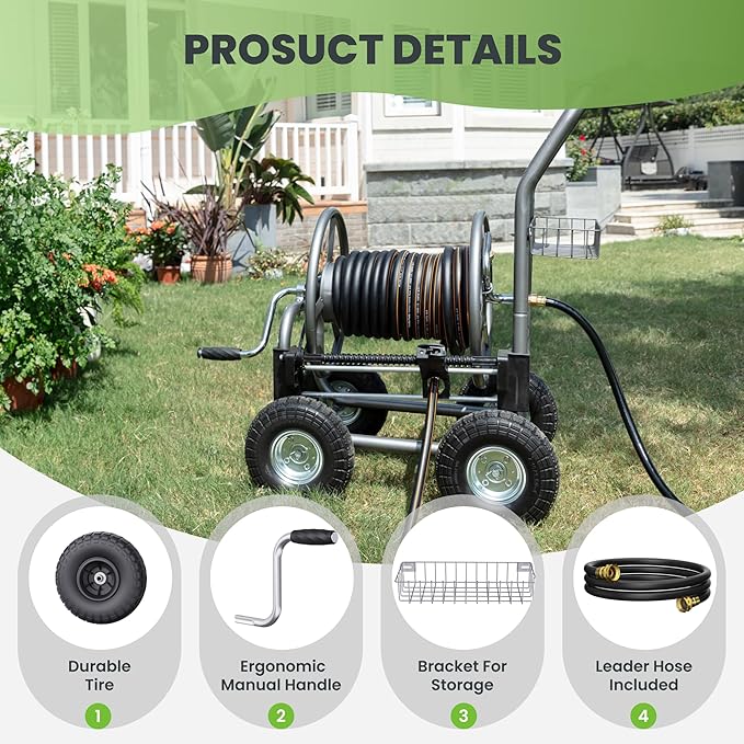 Giraffe Tools Garden Hose Reel Cart, Cart with Wheels Heavy Duty, Industrial Hose Reels for Outside, 250-Feet of 5/8" Hose Capacity, Hose Guide Pre-Installed